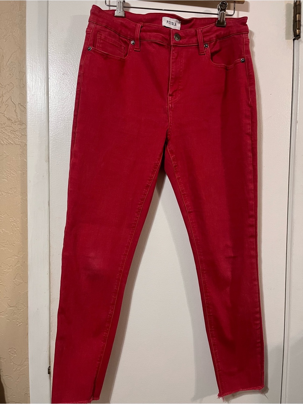 Pistola Women's 30 Distressed Red High-Rise Stretchy Skinny Jeans